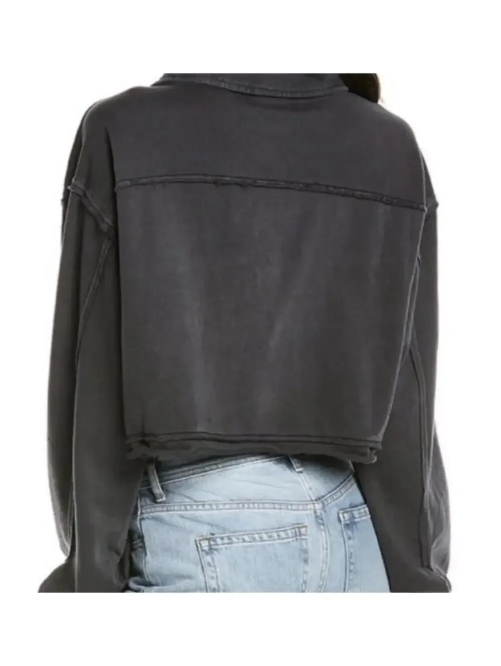 Free People Cropped Washed Black Button Front Jacket - Picture 2 of 7